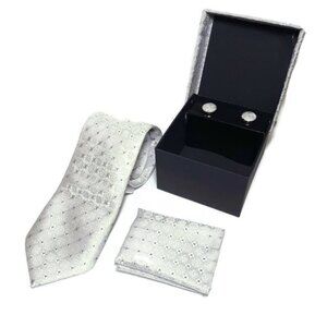 NEW 3-Pc Boxed Gift Tie Set Coordinated Print Cuff Links Hankerchief Hand Sewn